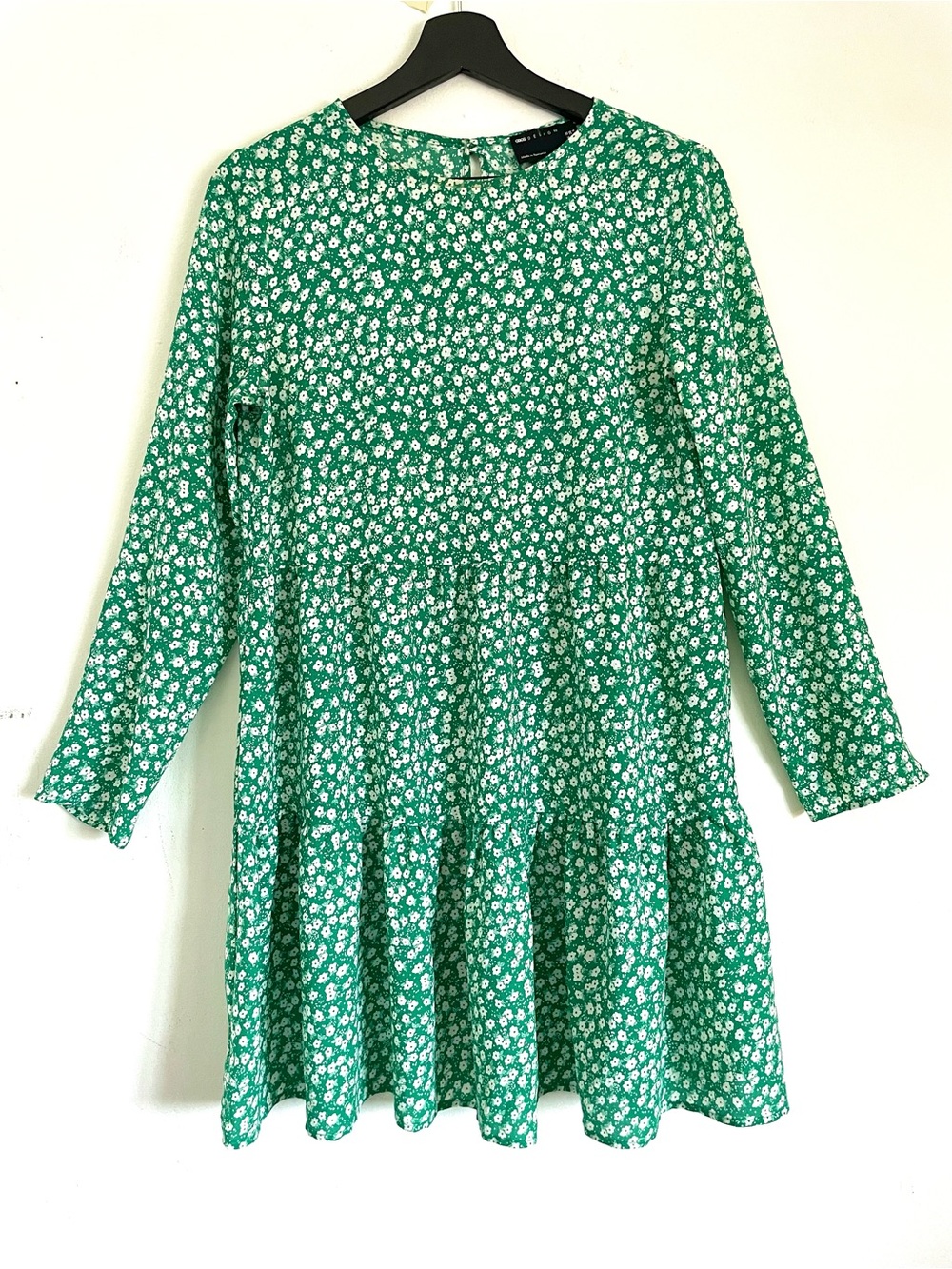 ASOS Long Sleeve Tiered Smock Mini Dress in Green & White Floral 6 EUC Boho